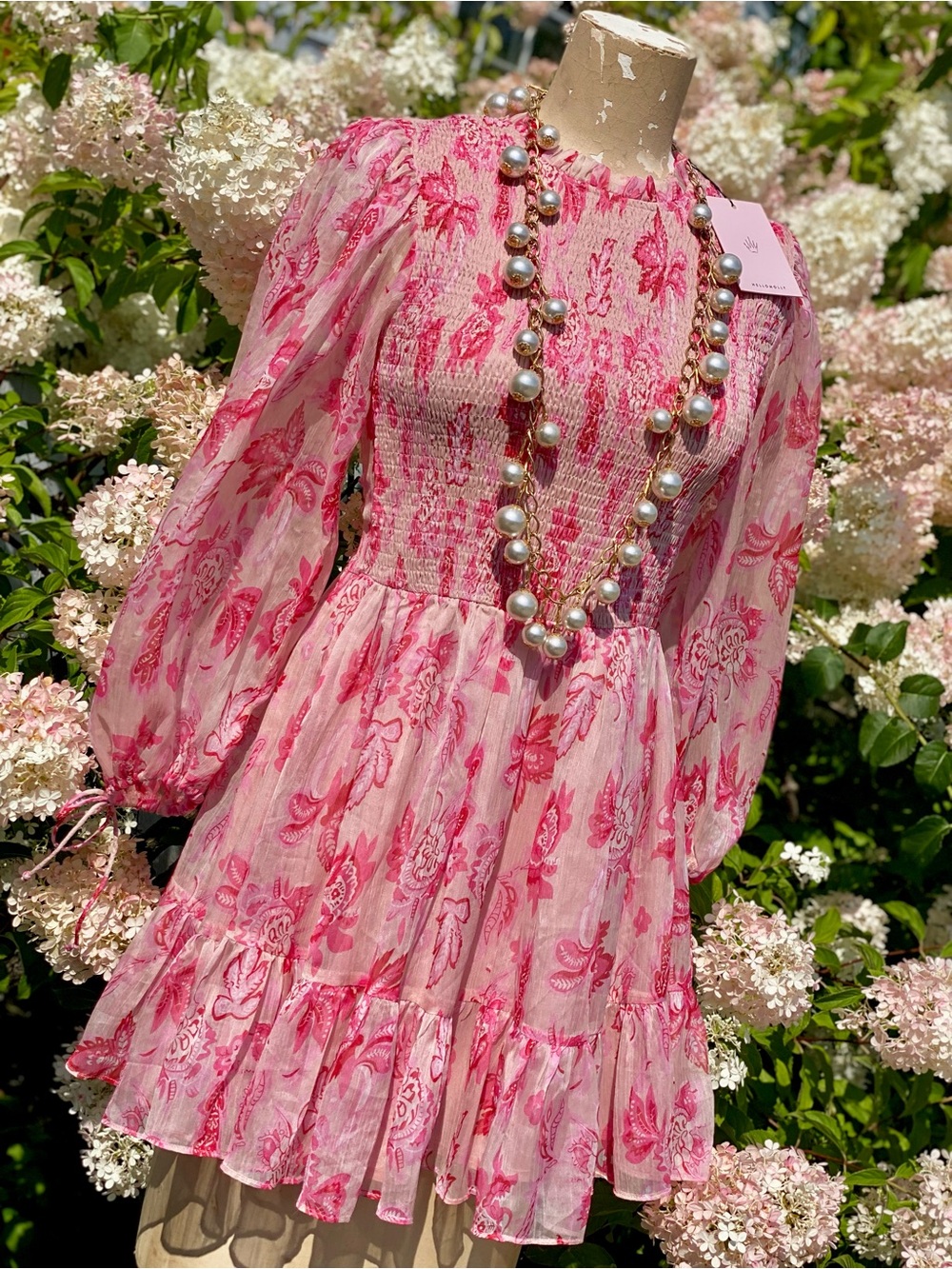 Hello Molly Pink Floral Smocked Long-Sleeve Mini Dress